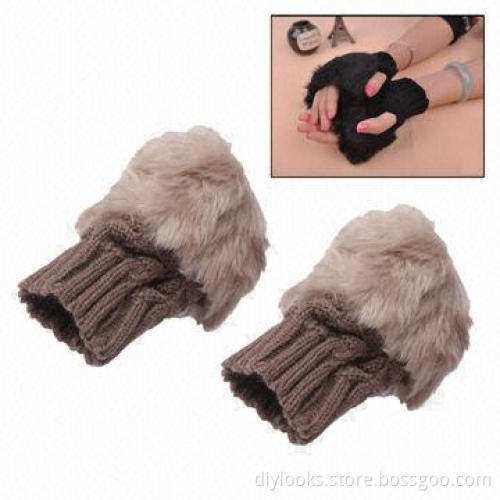 Universal Fashion Women Winter Half Finger Knit Wool Fur Faux Cony Hair Gloves (Khaki)